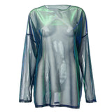 Long sleeve sheer mesh crewneck contrast top
