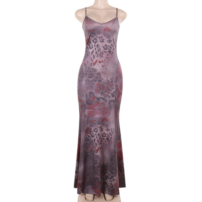 Vestido largo camisola con escote en V y espalda descubierta con estampado de leopardo 