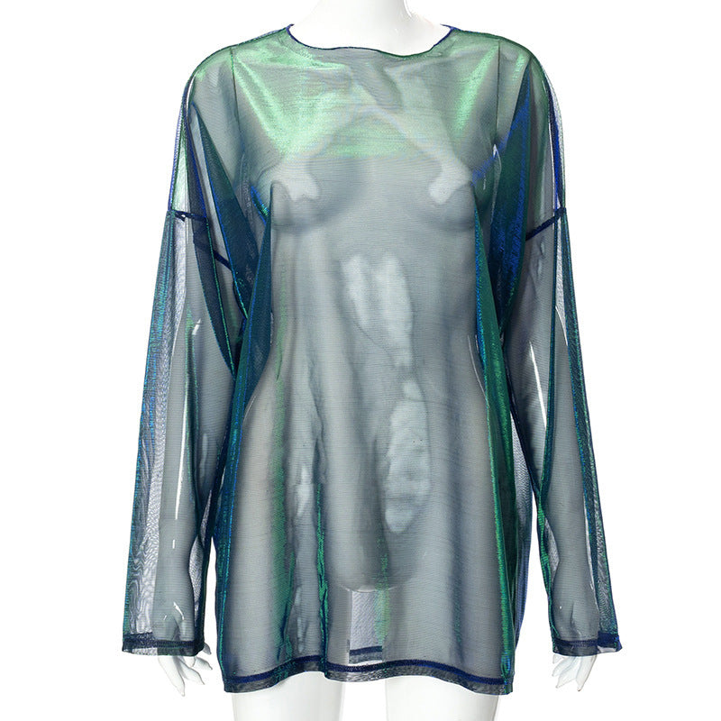 Long sleeve sheer mesh crewneck contrast top