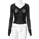 Long sleeve ruched mesh v neck gloves top