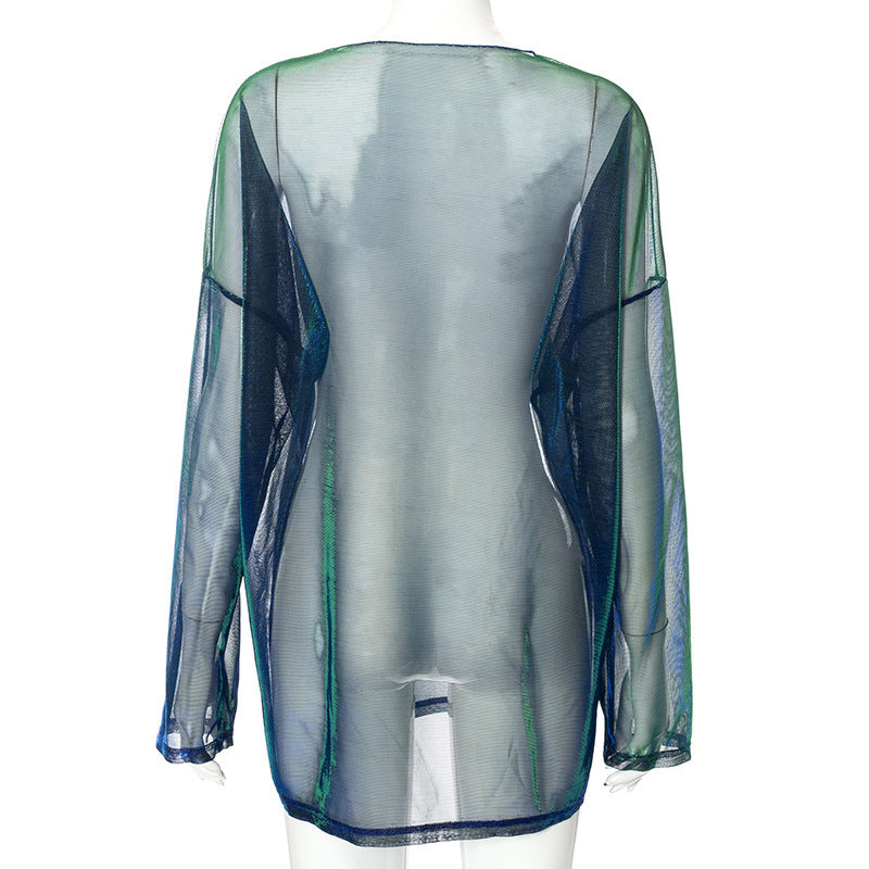 Long sleeve sheer mesh crewneck contrast top