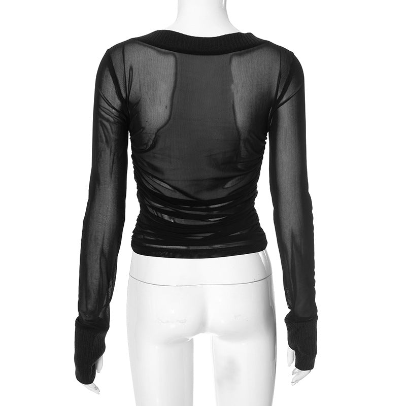 Long sleeve ruched mesh v neck gloves top