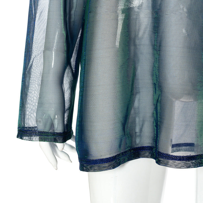Long sleeve sheer mesh crewneck contrast top