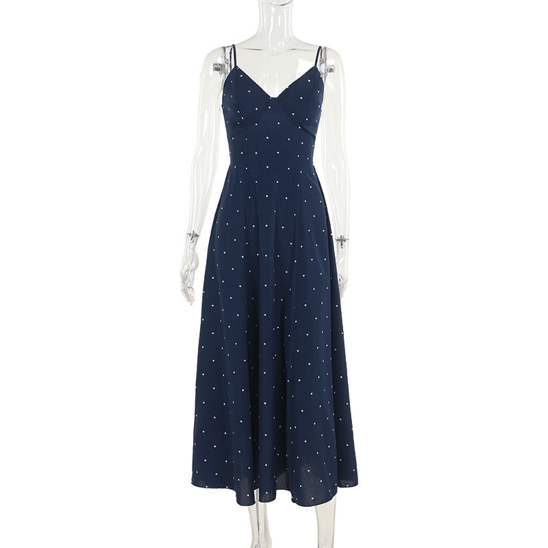 Polka dot v neck smocked contrast cami midi dress