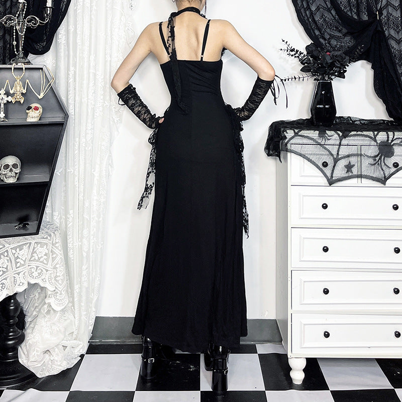 Vestido largo camisola con escote en V, espalda descubierta y fruncido con abertura de encaje 