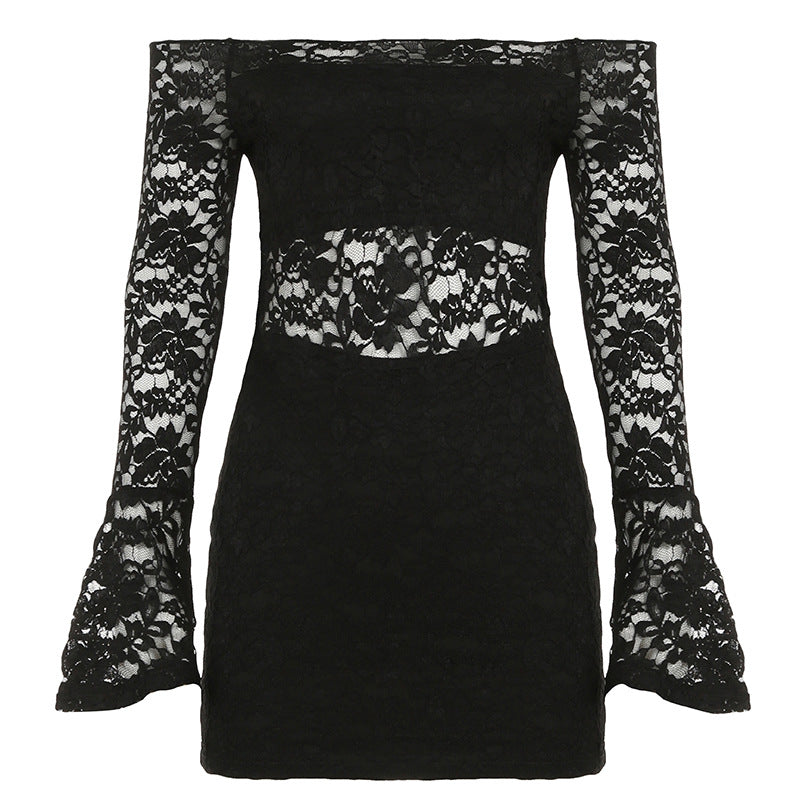 Vestido mini liso con hombros descubiertos, encaje y mangas largas acampanadas 