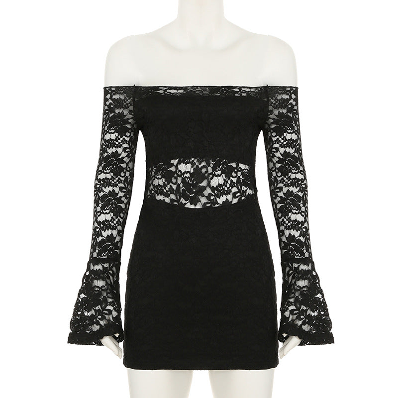 Vestido mini liso con hombros descubiertos, encaje y mangas largas acampanadas 
