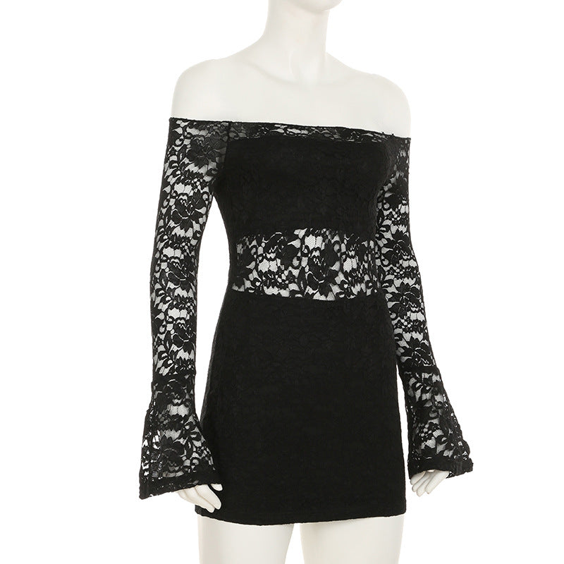 Vestido mini liso con hombros descubiertos, encaje y mangas largas acampanadas 