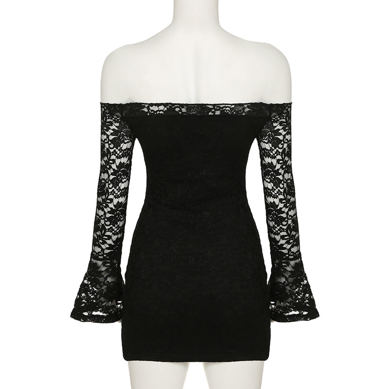 Vestido mini liso con hombros descubiertos, encaje y mangas largas acampanadas 