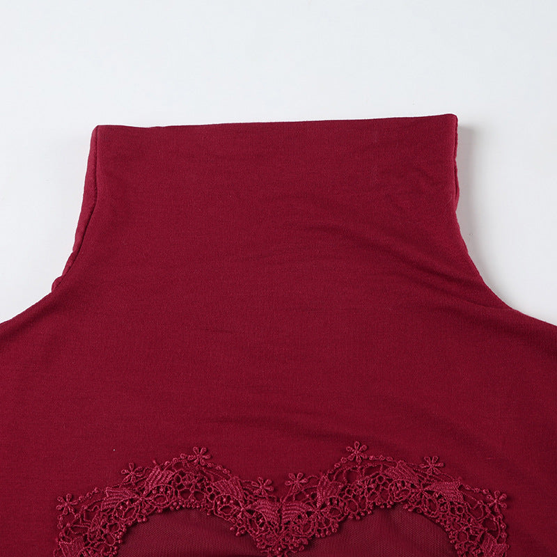 Body en maille à manches longues, col haut, boutonné, ourlet en dentelle 