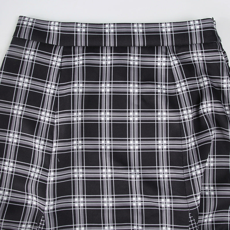 Plaid patchwork contrast zip-up maxi skirt