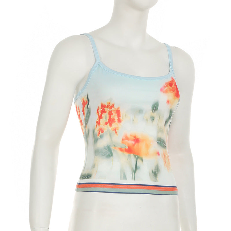 Top camisola en contraste, sin espalda y con estampado floral y cuello en U 