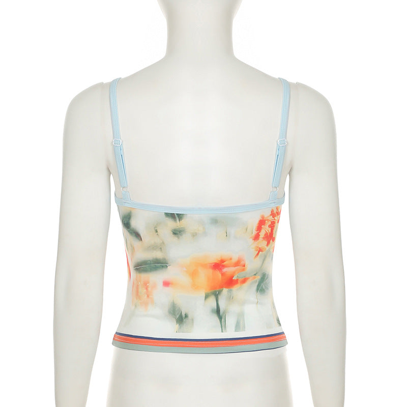 Top camisola en contraste, sin espalda y con estampado floral y cuello en U 