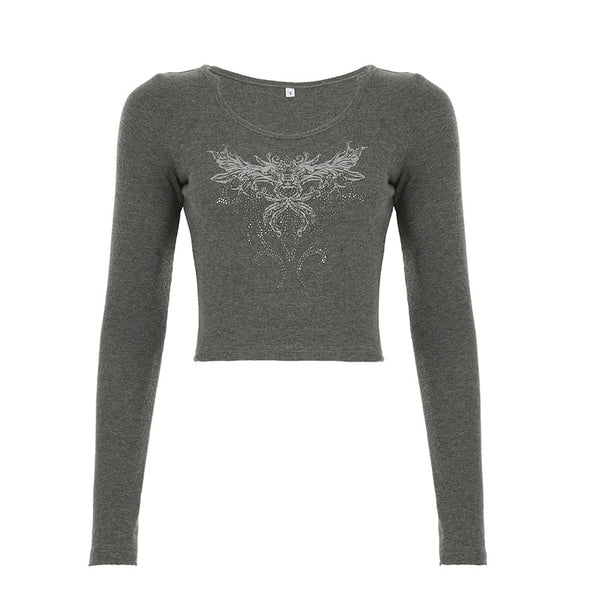 Long sleeve round neck ribbed abstract top