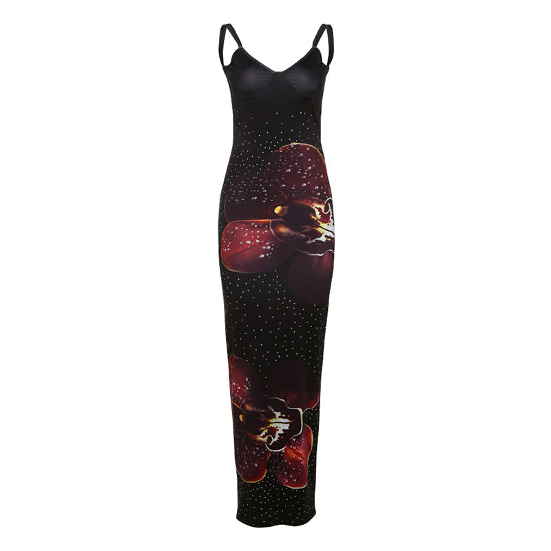 Vestido largo camisola con estampado floral de lunares y cuello en V fruncido 