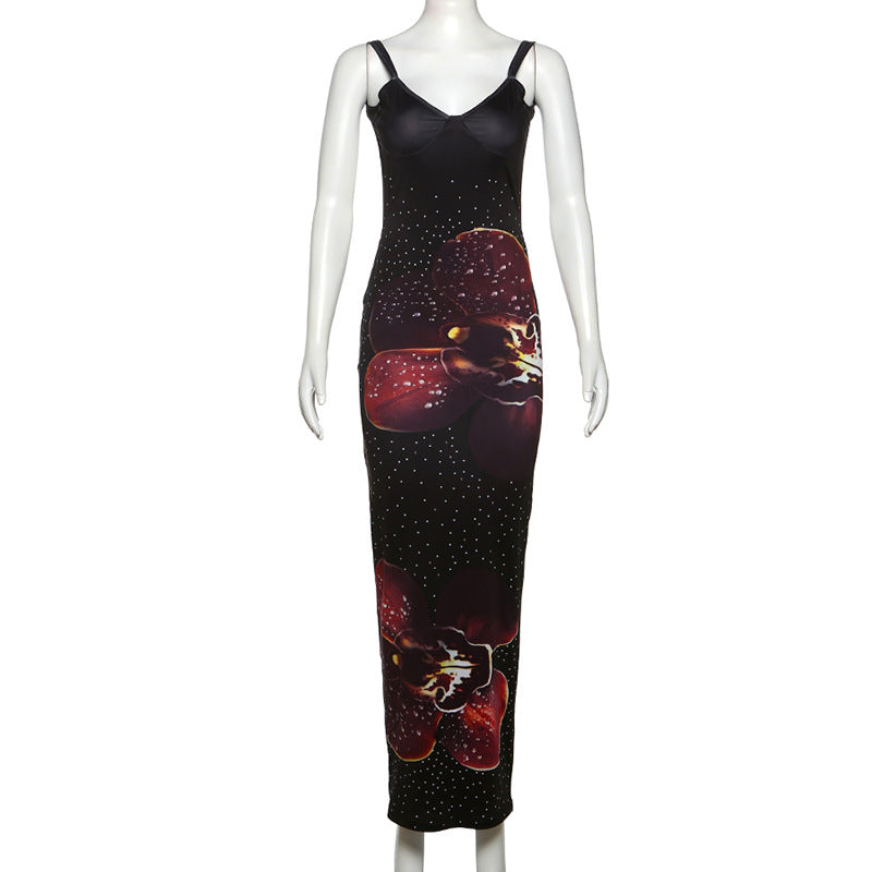 Vestido largo camisola con estampado floral de lunares y cuello en V fruncido 