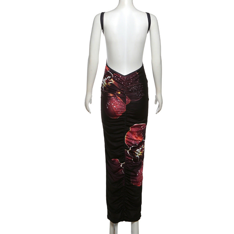 Vestido largo camisola con estampado floral de lunares y cuello en V fruncido 