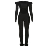 Long sleeve off shoulder feather hollow out jumpsuit