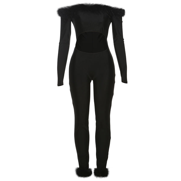 Long sleeve off shoulder feather hollow out jumpsuit