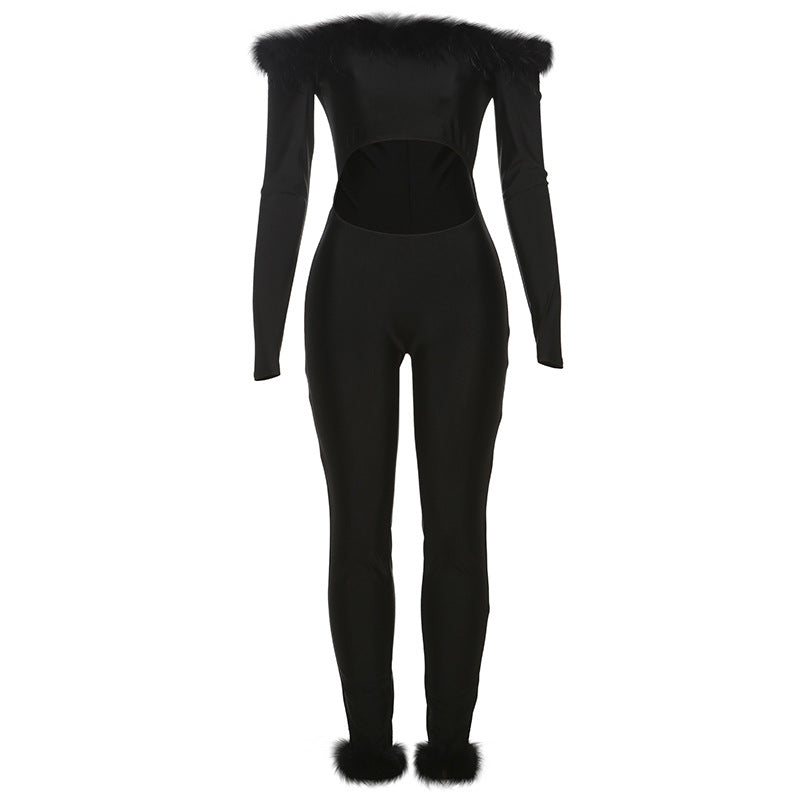 Long sleeve off shoulder feather hollow out jumpsuit