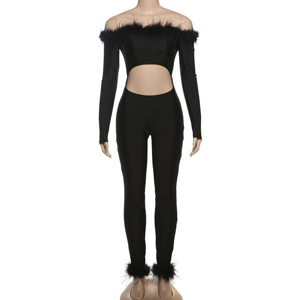 Long sleeve off shoulder feather hollow out jumpsuit