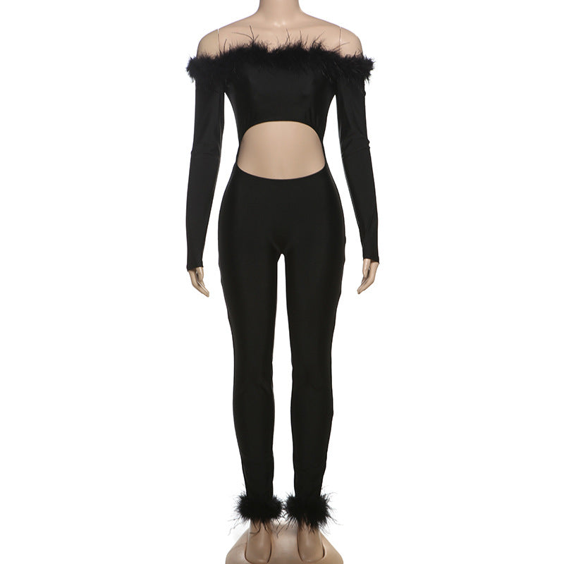 Long sleeve off shoulder feather hollow out jumpsuit