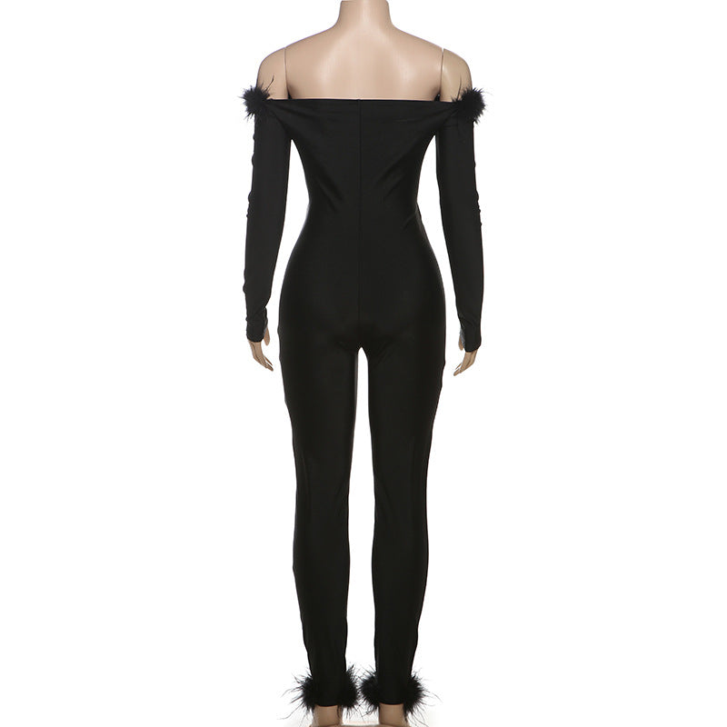 Long sleeve off shoulder feather hollow out jumpsuit