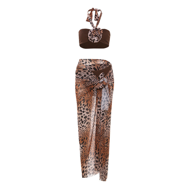 Ensemble jupe longue 3 pièces en maille à nouer et dos nu à imprimé léopard 