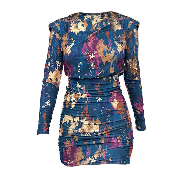 Long sleeve ruched tie dye print crewneck mini dress