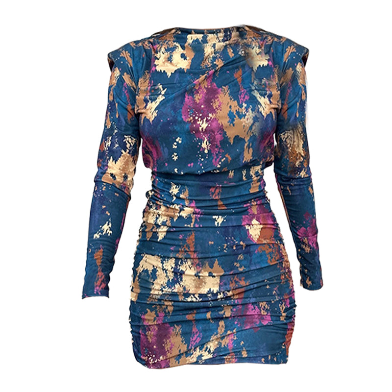 Long sleeve ruched tie dye print crewneck mini dress