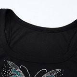 Beaded butterfly pattern u neck ribbed top