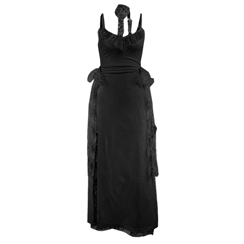 Vestido largo camisola con escote en V, espalda descubierta y fruncido con abertura de encaje 