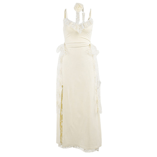Robe longue camisole dos nu froncée à col en V et fente en dentelle 