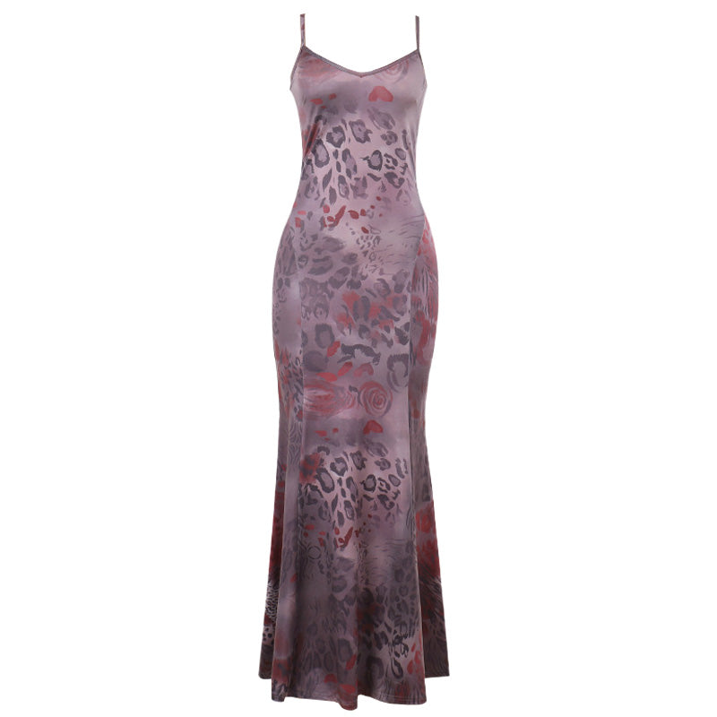 Vestido largo camisola con escote en V y espalda descubierta con estampado de leopardo 