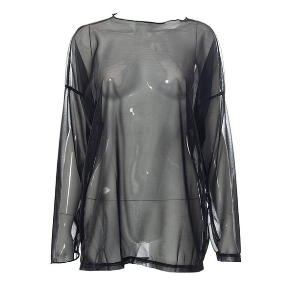Long sleeve sheer mesh crewneck contrast top