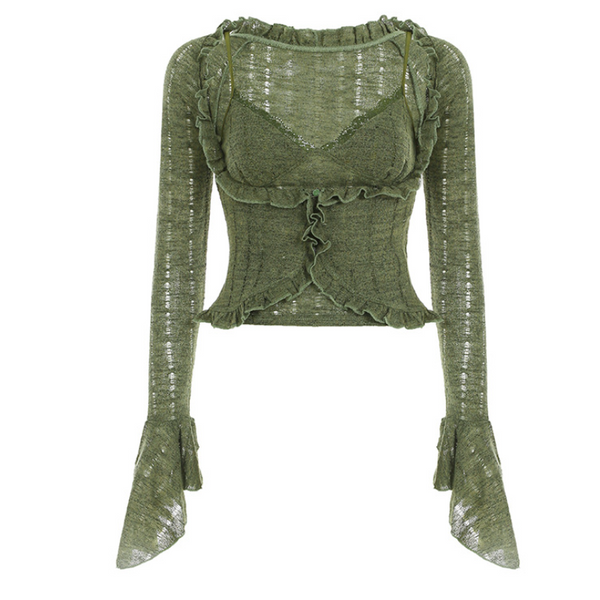 Long flared sleeve lace hem v neck ruffle top