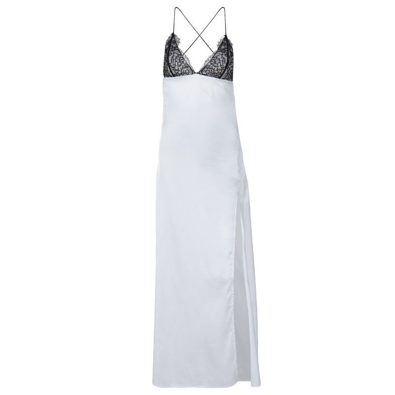 Cross back self tie spaghetti strap v neck slit maxi dress
