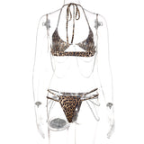 Halter self tie leopard print u neck metal chain pant set