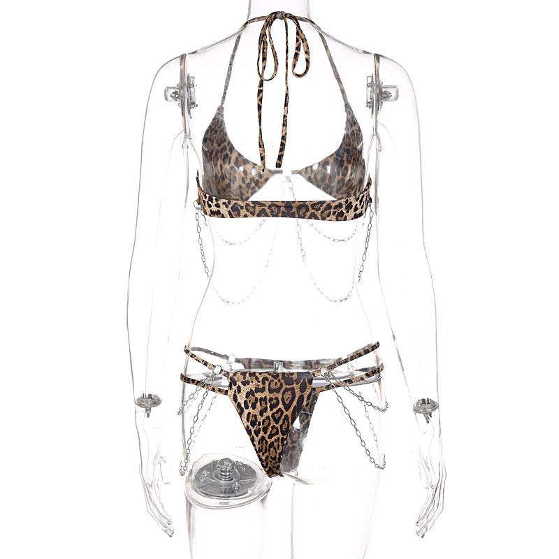Halter self tie leopard print u neck metal chain pant set