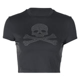 Top de manga corta con cuello redondo y estampado de calavera con cuentas 