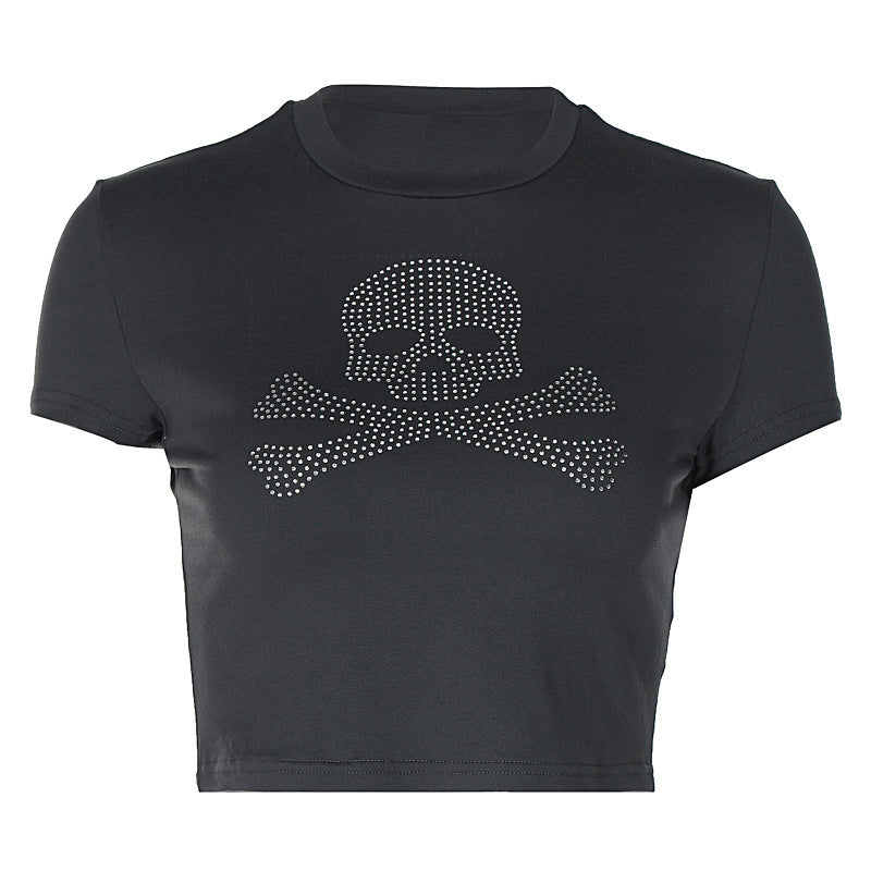 Top de manga corta con cuello redondo y estampado de calavera con cuentas 