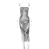 Print contrast backless tube midi dress