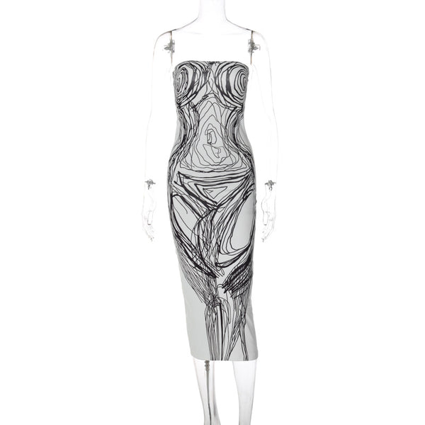 Print contrast backless tube midi dress