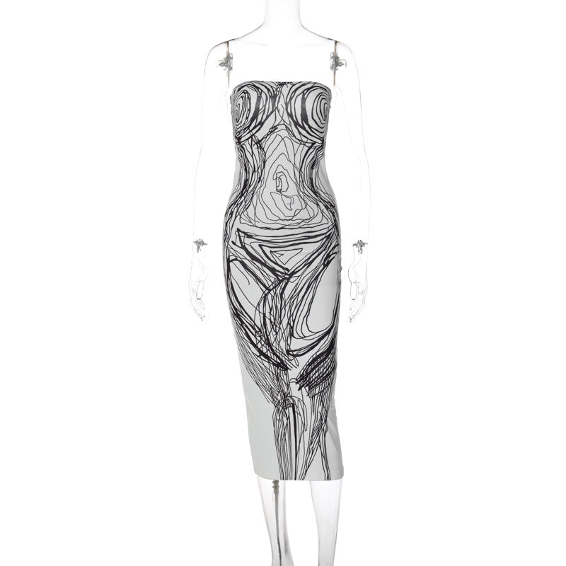 Print contrast backless tube midi dress