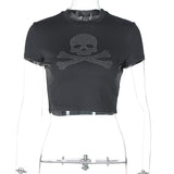 Top de manga corta con cuello redondo y estampado de calavera con cuentas 