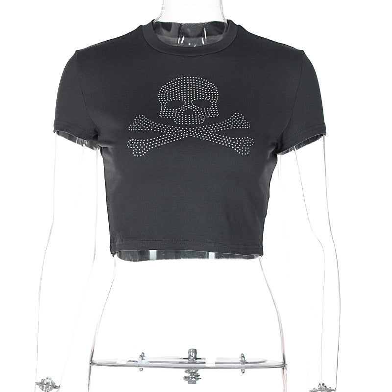 Top de manga corta con cuello redondo y estampado de calavera con cuentas 