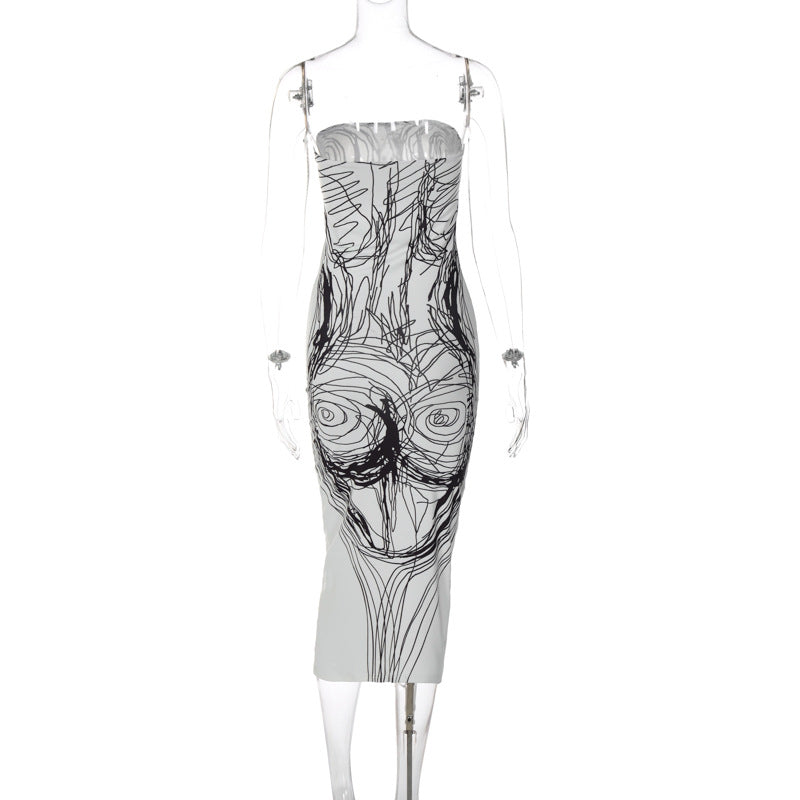 Print contrast backless tube midi dress