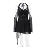 Vestido mini de manga larga con cuello en V, lazo y halter con purpurina 