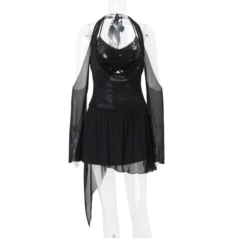 Vestido mini de manga larga con cuello en V, lazo y halter con purpurina 
