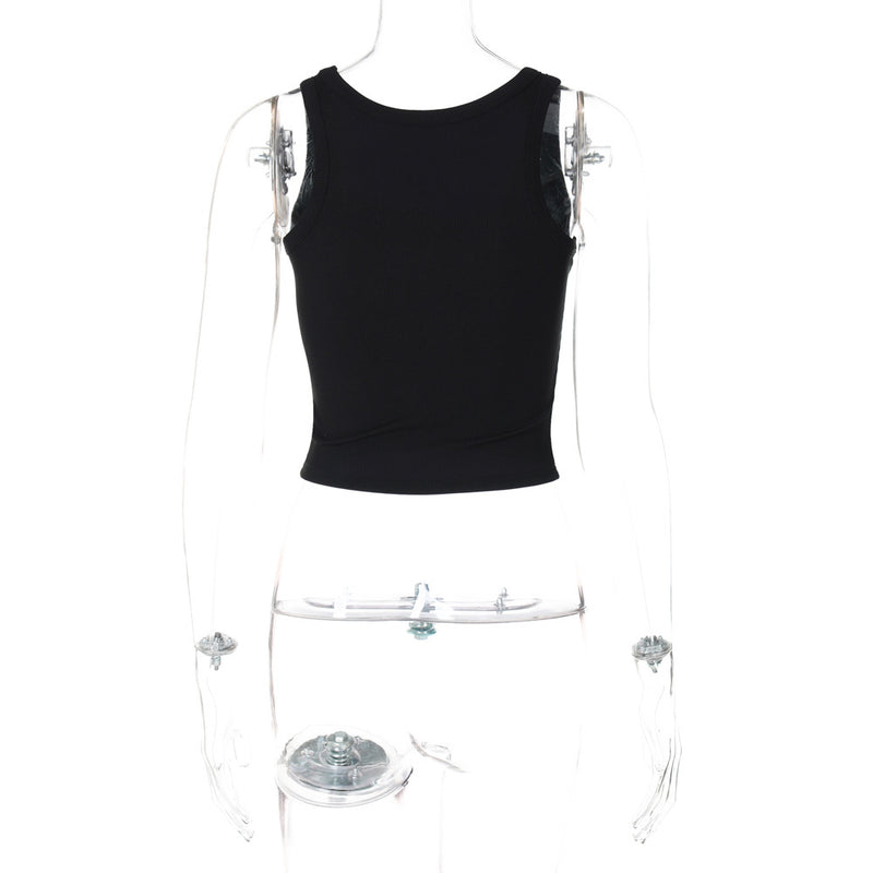Beaded butterfly pattern u neck ribbed top